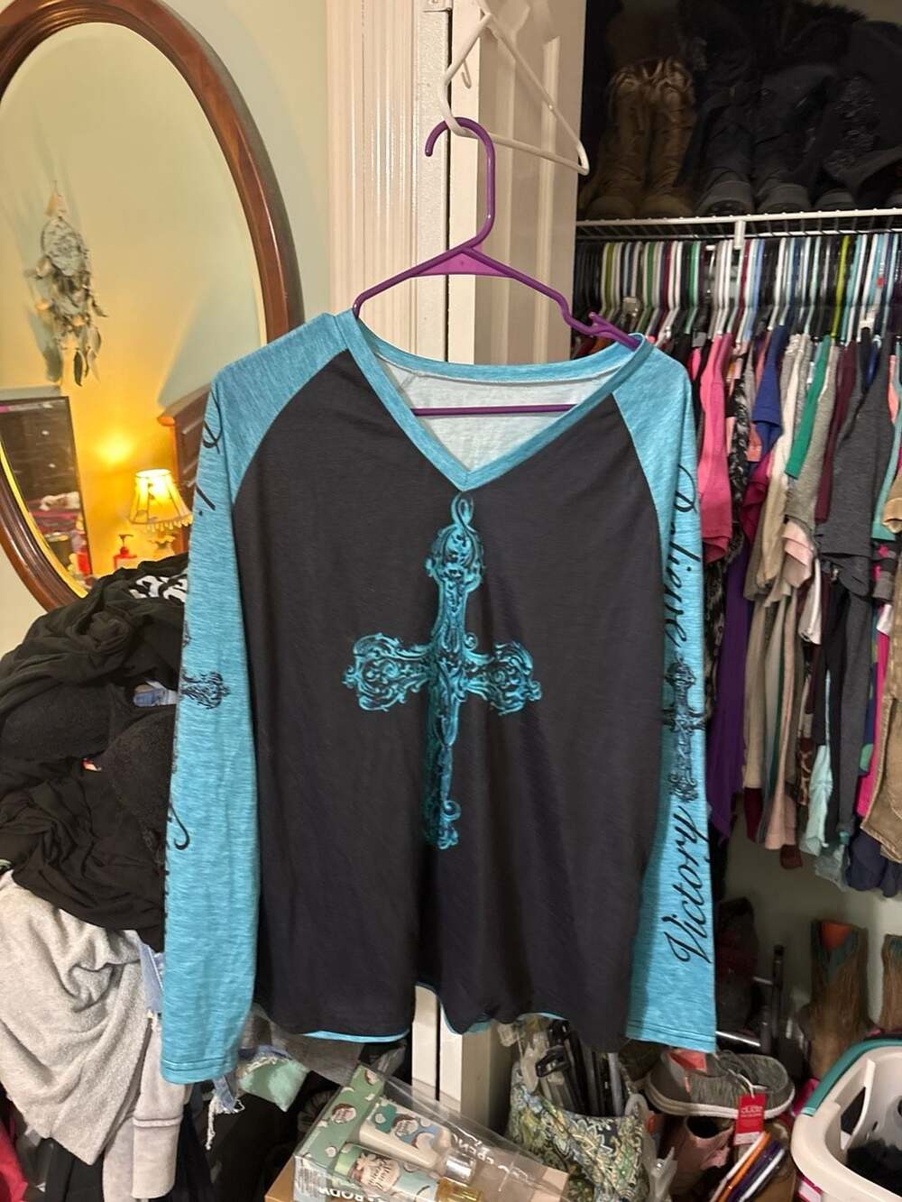 Archaic by Affliction Y2K Teal and Black Cross Graphics Long Sleeve Raglan Top